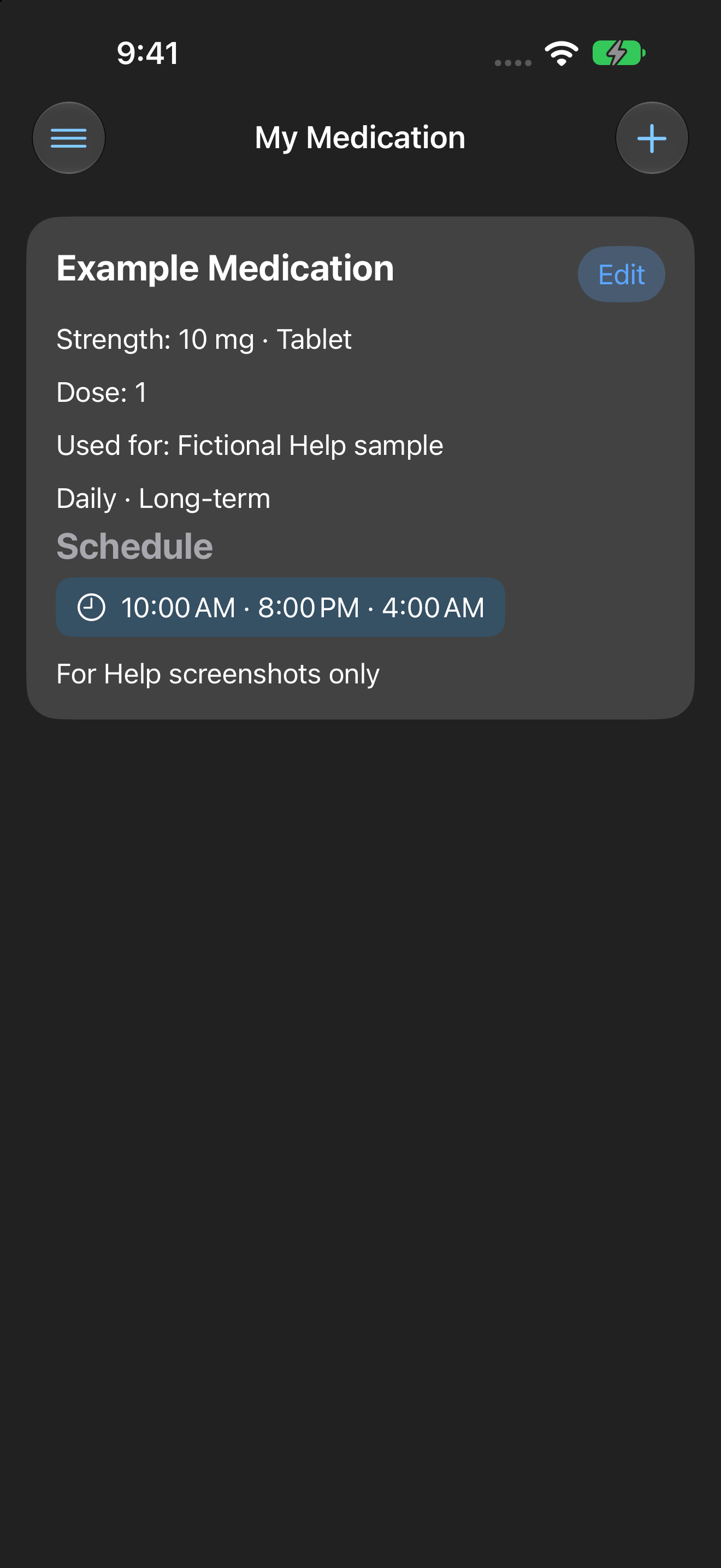 My Medication app showing a fictional example medication with strength, dose, notes, and scheduled times.