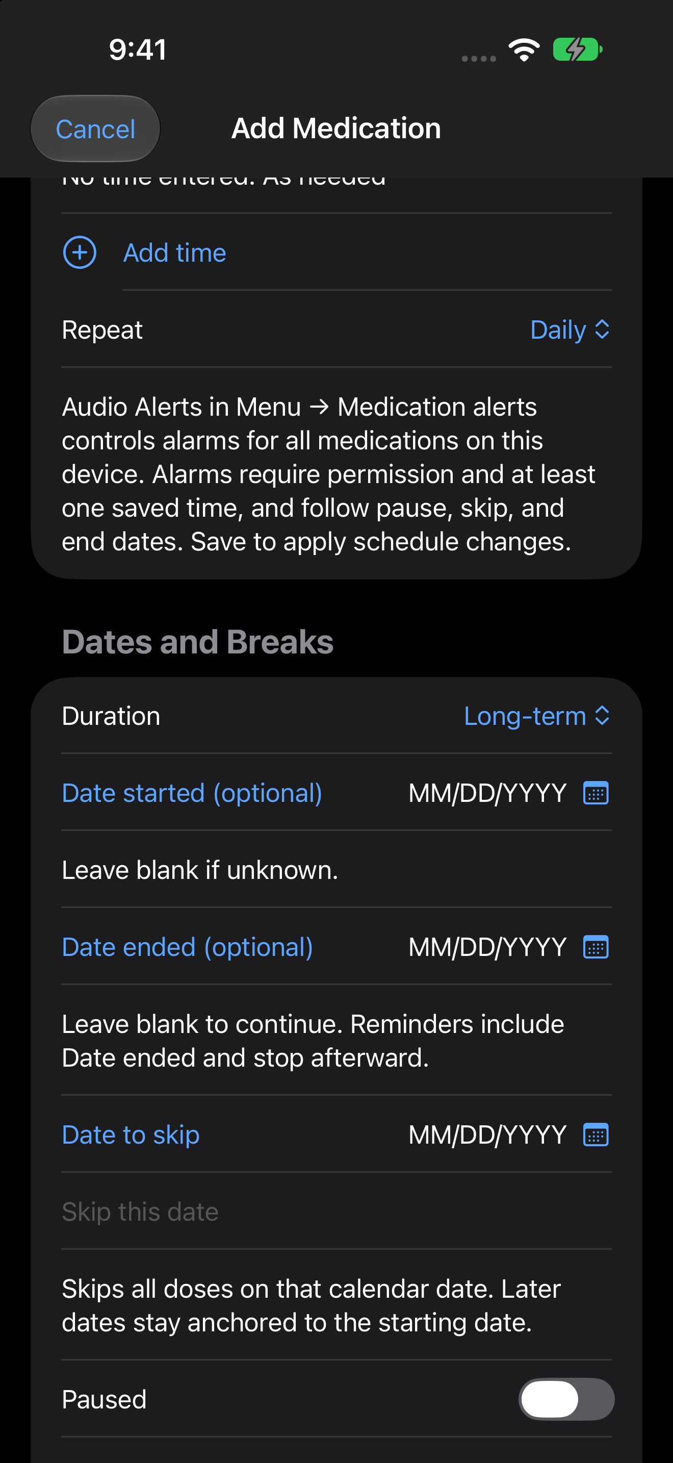 Dates and Breaks: optional calendar dates, skips, and pauses.