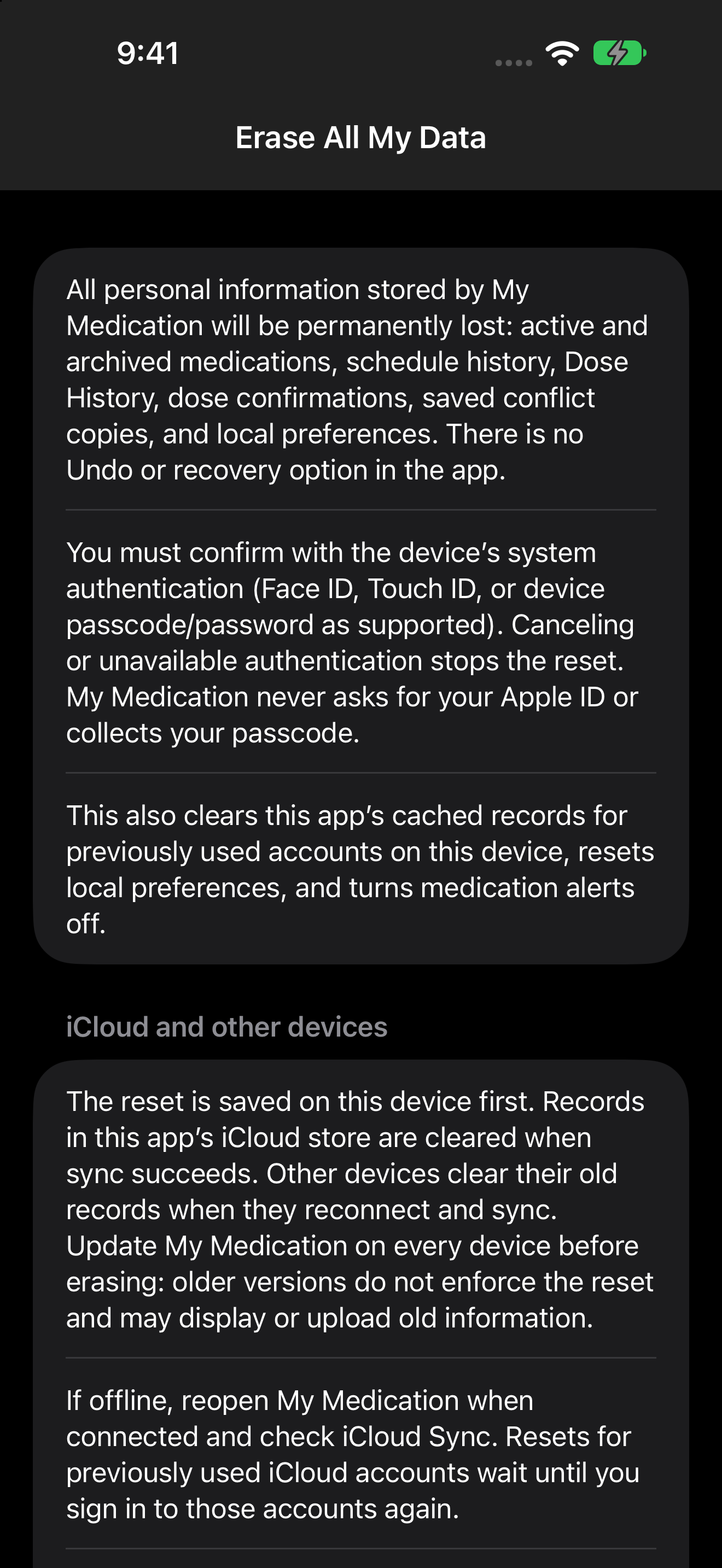 Erase All My Data: read the scope before confirmation and device authentication.